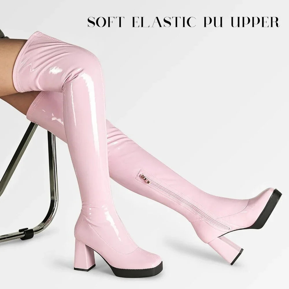 Women Pink Square Toe Chunky Heels Patent Leather PU Over The Knee High Boots
